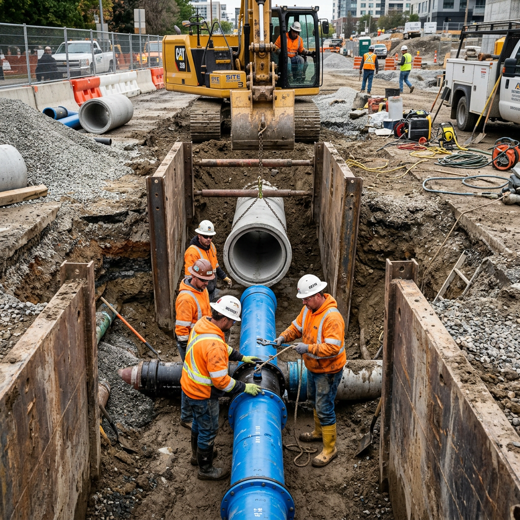 Construction workers fitting blue water pipeline sections in a deep trench